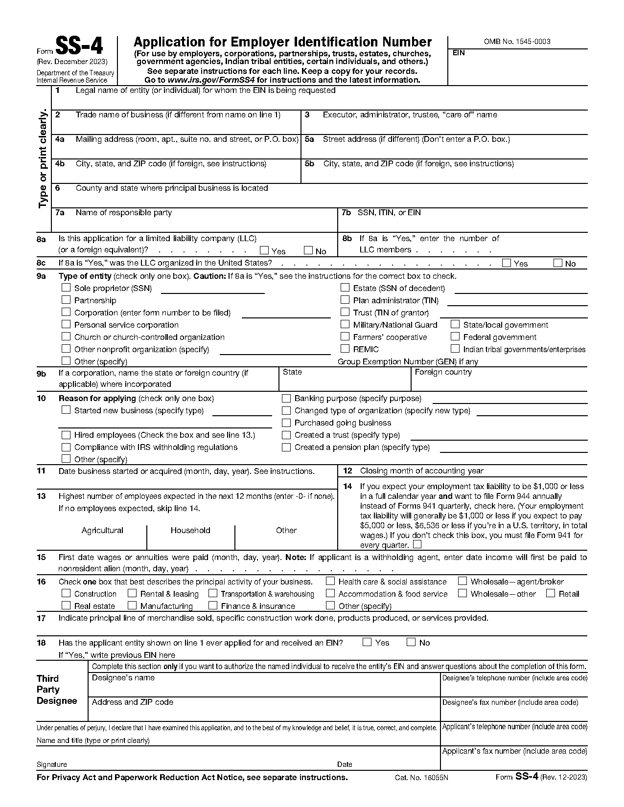 irs form for new business